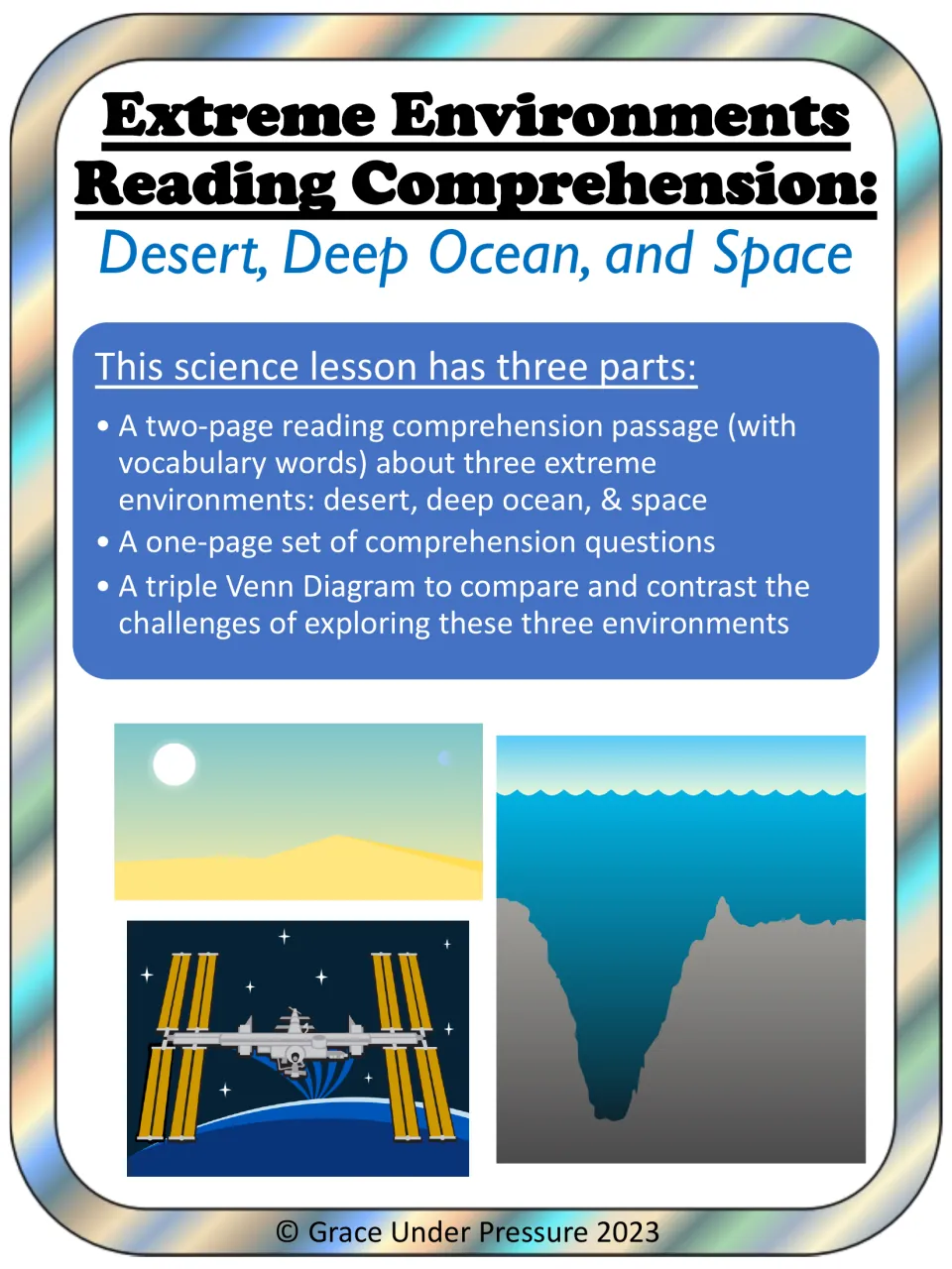 Extreme Environments Reading Comprehension cover listing a passage, comprehension questions and a triple Venn diagram