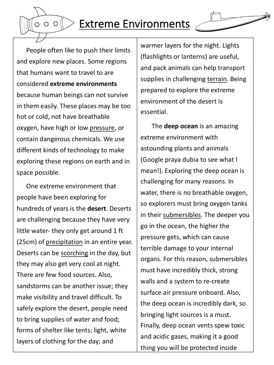 Extreme environments passage, part 1: students read why deserts and the deep ocean are hard to explore and what gear helps