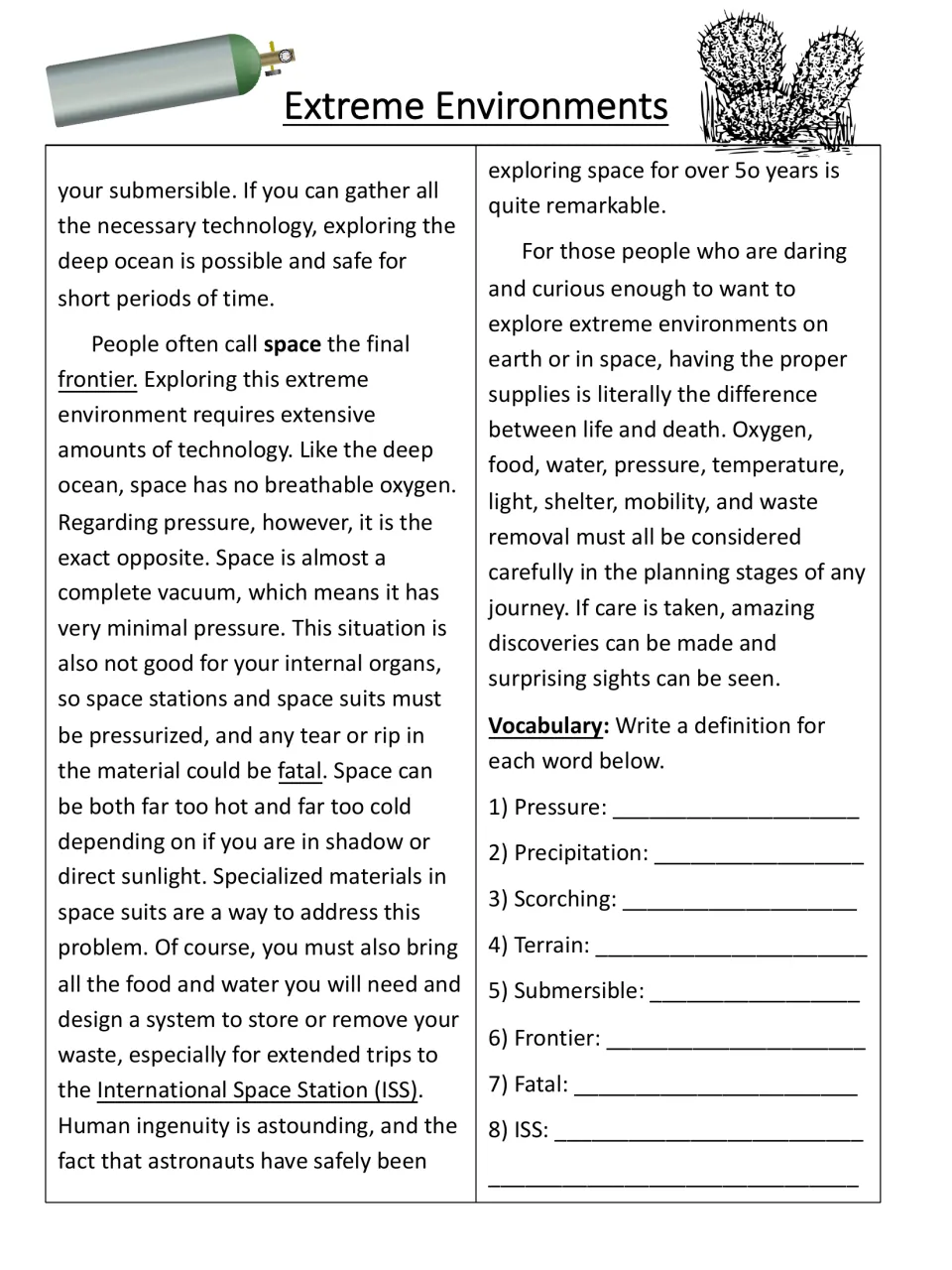 Extreme environments passage, part 2 on space, then students define 8 vocabulary words such as pressure and terrain