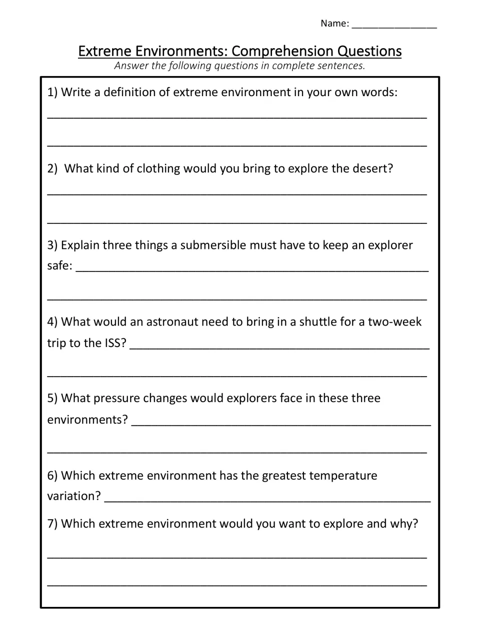 Comprehension questions: students answer 7 questions on desert clothing, submersibles, ISS trips and pressure changes