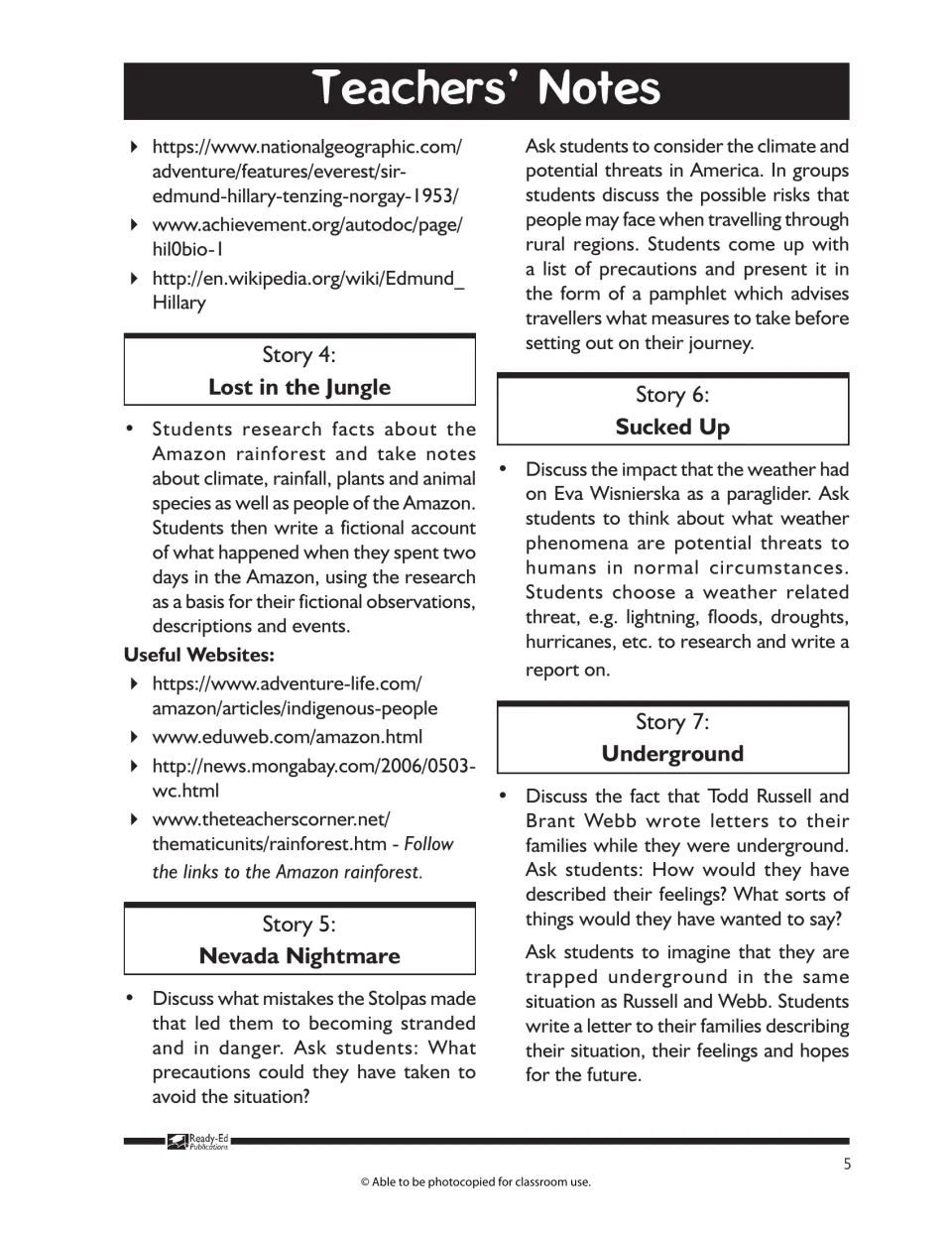 Teachers' notes continued: research and writing extensions for stories 4 to 7, such as an Amazon account and a letter home