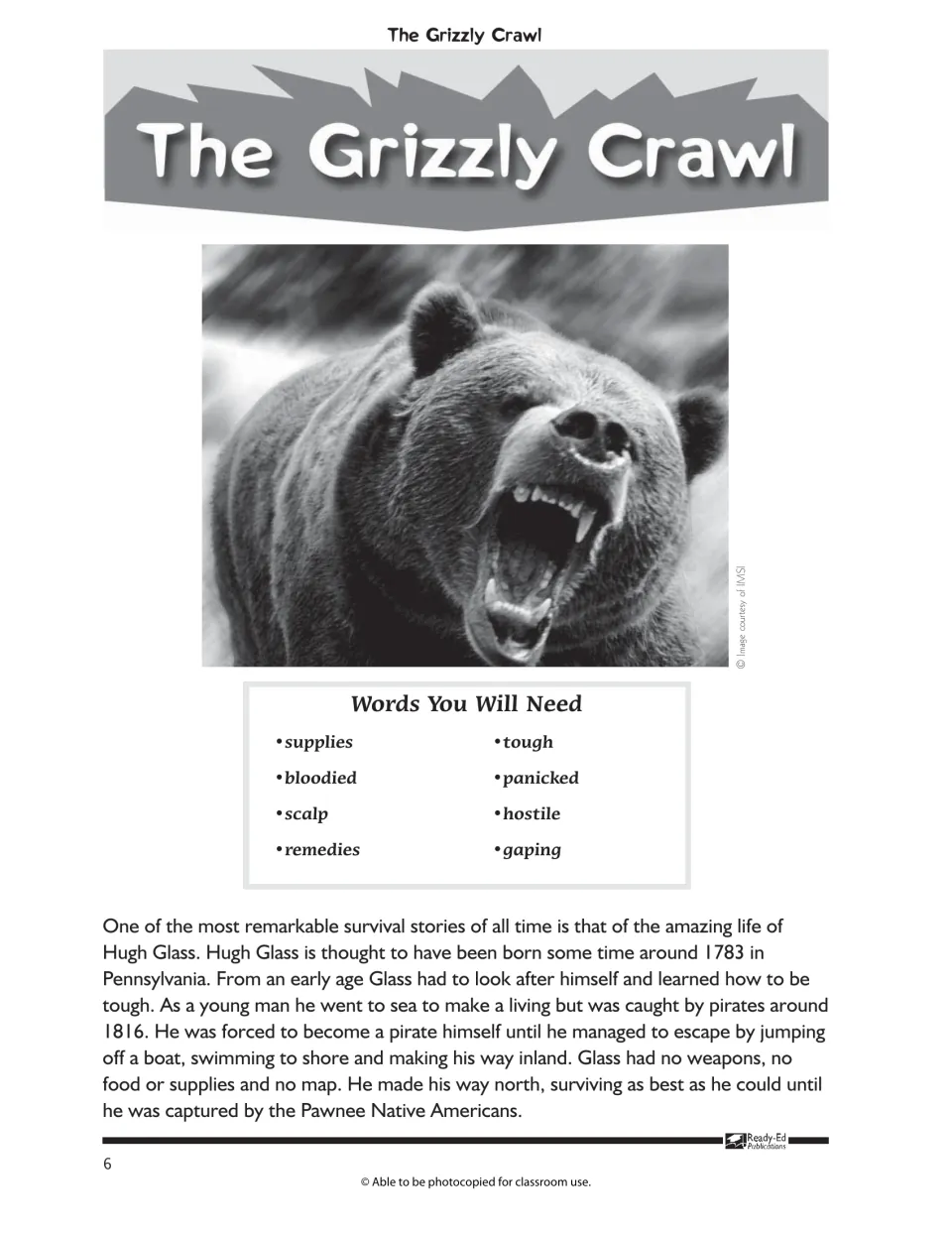 The Grizzly Crawl story opener: Hugh Glass's early life, with a Words You Will Need list including scalp, hostile and gaping