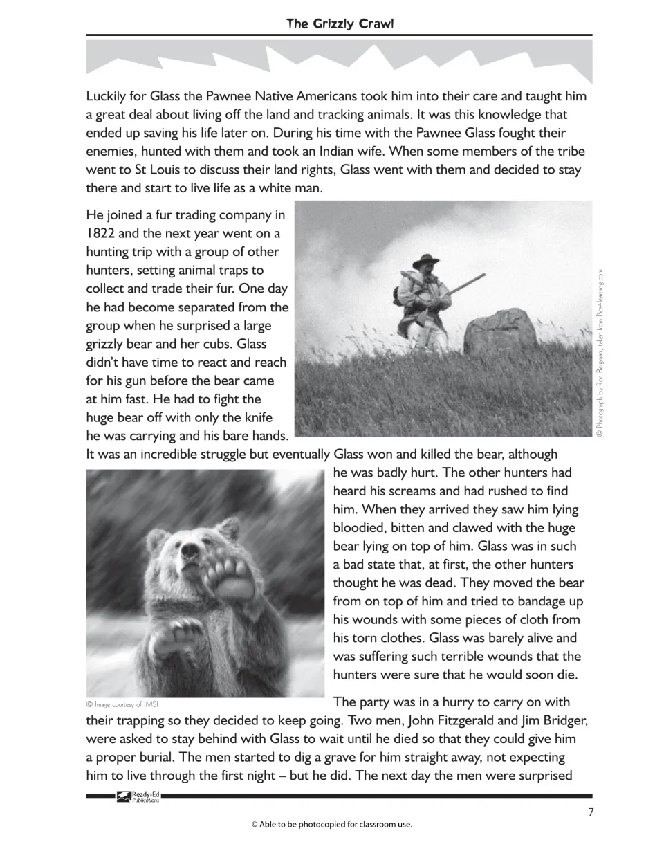 Grizzly Crawl story, part 2: Glass lives with the Pawnee, then fights a grizzly bear and is left badly wounded