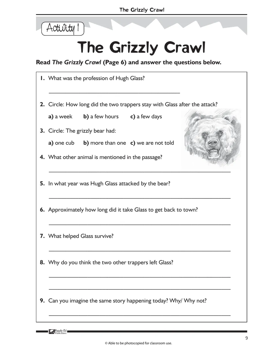 Grizzly Crawl comprehension: nine questions on Hugh Glass, with multiple choice and short answers on why he was left