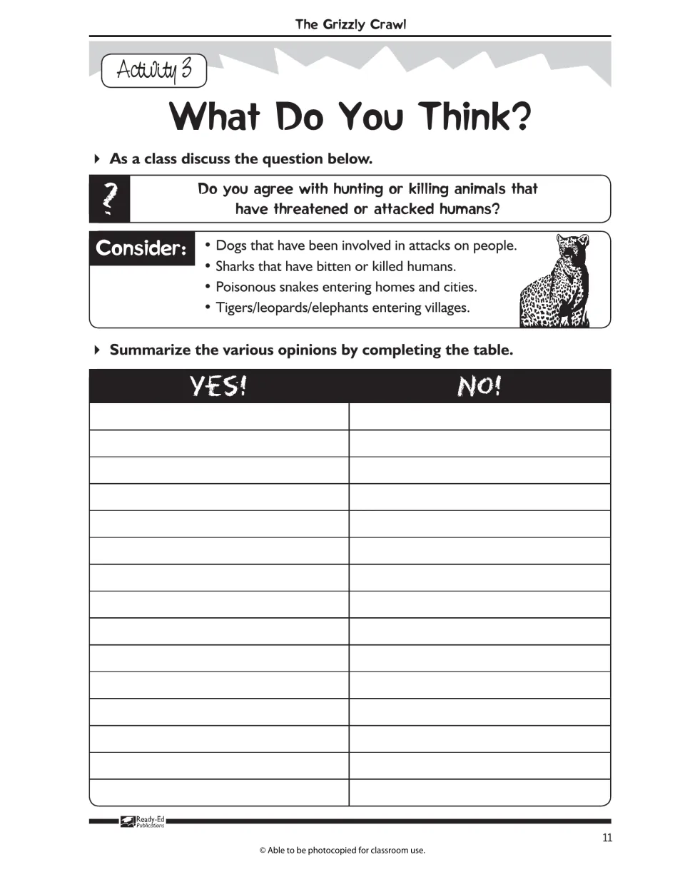 Opinion discussion: should animals that attack humans be killed? Students record yes and no views from the class