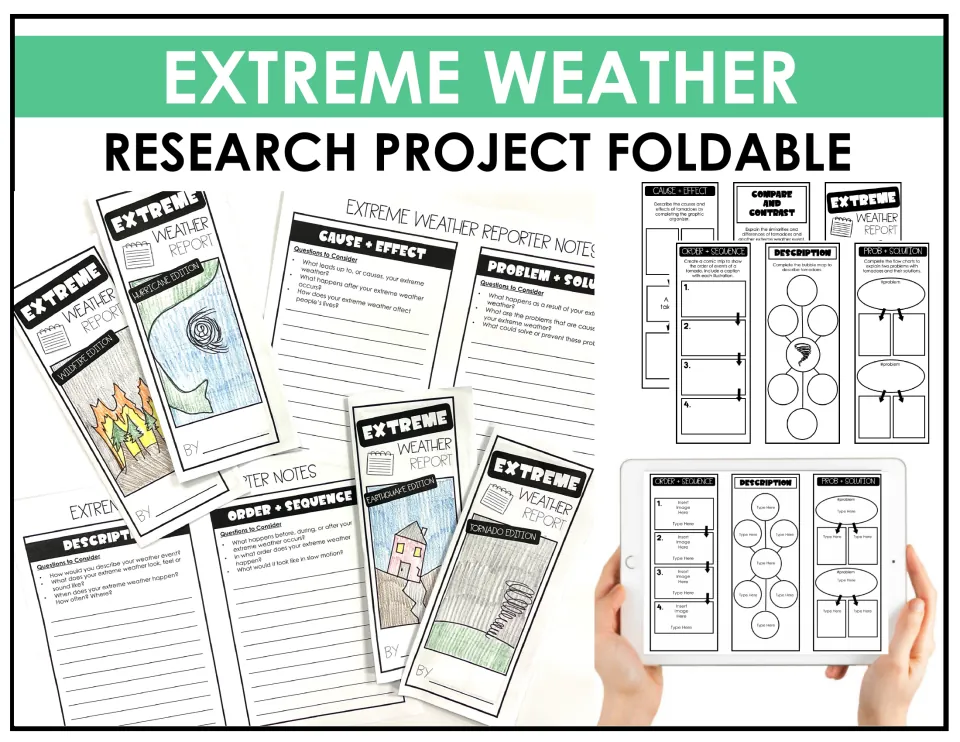 Cover: extreme weather brochures on wildfires, hurricanes, earthquakes and tornadoes, reporter notes and a tablet version
