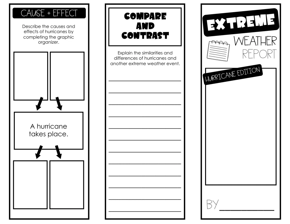 Hurricane brochure outside: cause and effect organizer, compare and contrast lines and a Hurricane Edition cover to draw