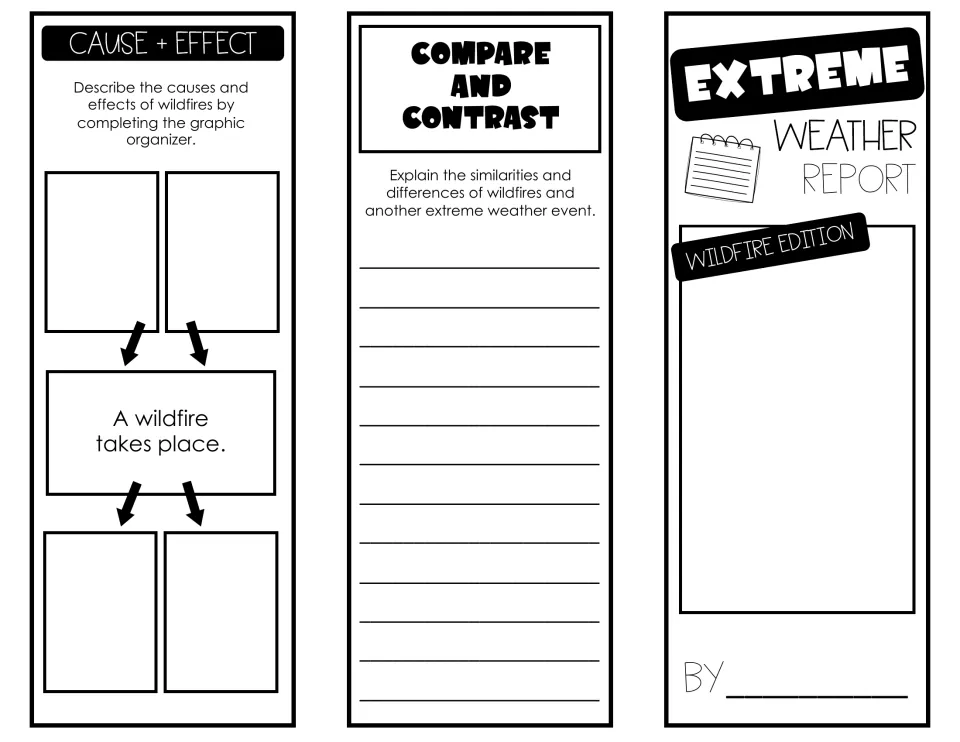 Wildfire brochure outside: cause and effect organizer, compare and contrast lines and a Wildfire Edition cover to draw