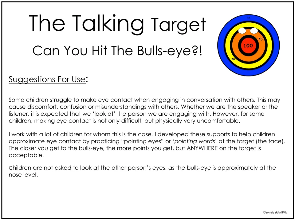 The Talking Target suggestions for use: children point eyes or words at a face target, with the bulls-eye at nose level