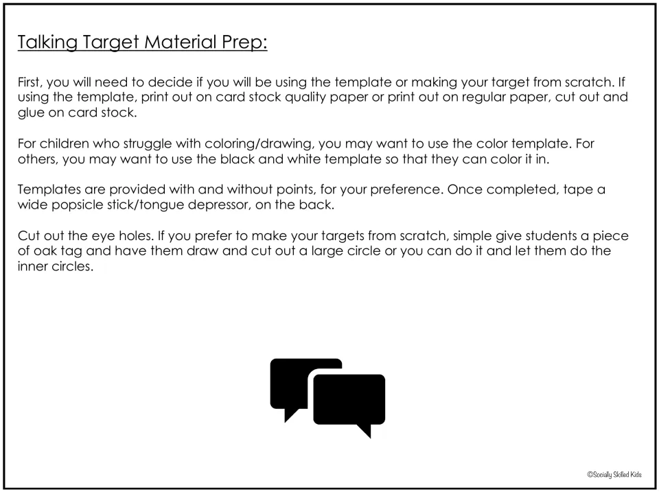 Talking Target material prep: print color or black and white templates on card stock, cut eye holes, add a popsicle stick
