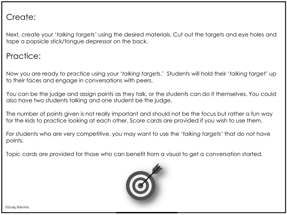 Create and Practice steps: students hold talking targets to their faces in peer conversations while a judge awards points