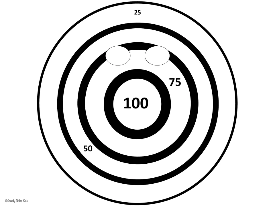 Black and white talking target template with two eye holes and point rings of 25, 50, 75 and a 100 bulls-eye to color