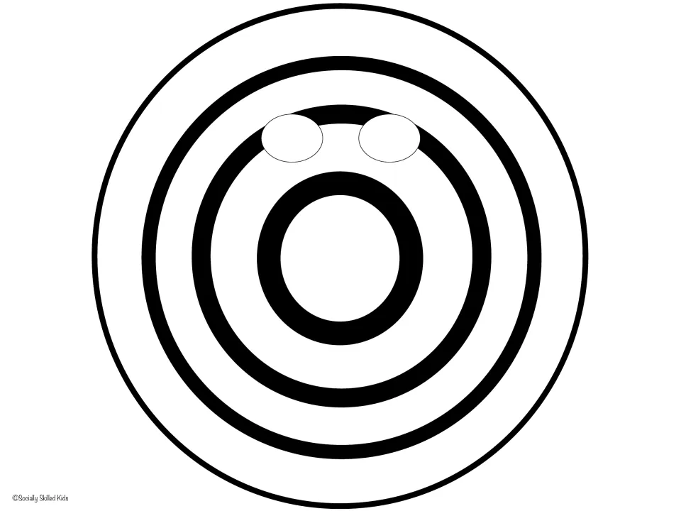 Black and white talking target template without point values, showing concentric rings and two eye holes to color in
