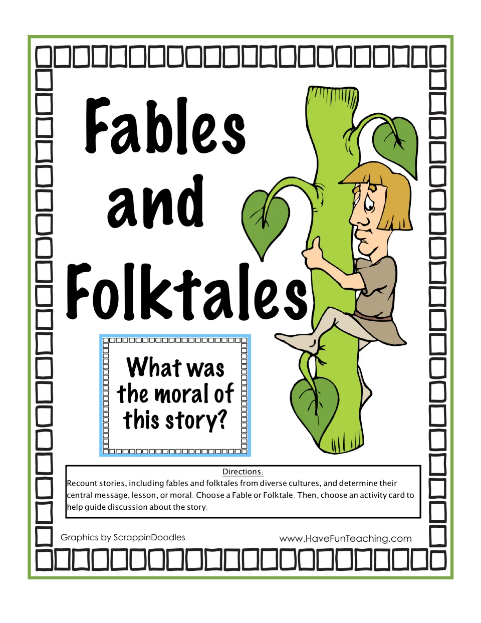 Fables and Folktales cover: Jack climbing a beanstalk, a moral question card and directions to pick a story and card