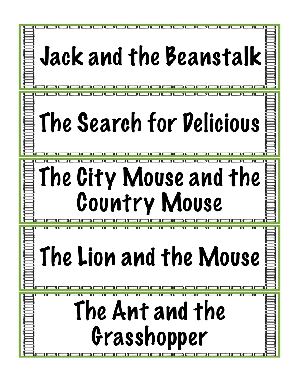 Tale cards: Jack and the Beanstalk, Search for Delicious, City and Country Mouse, Lion and Mouse, Ant and Grasshopper