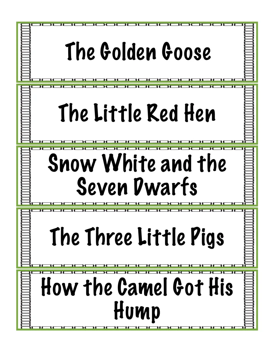 More tale cards: Golden Goose, The Little Red Hen, Snow White and the Seven Dwarfs, Three Little Pigs, Camel's Hump