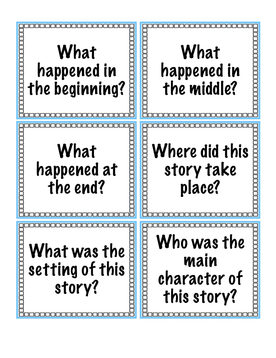 Story elements question cards asking what happened in the beginning, middle and end, the setting and the main character