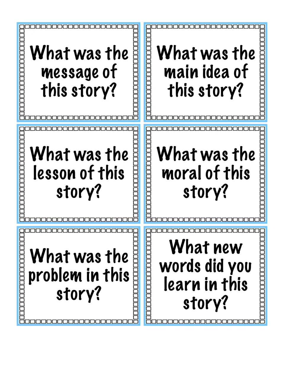Central message question cards asking for the story's message, main idea, lesson, moral, problem and new words learned