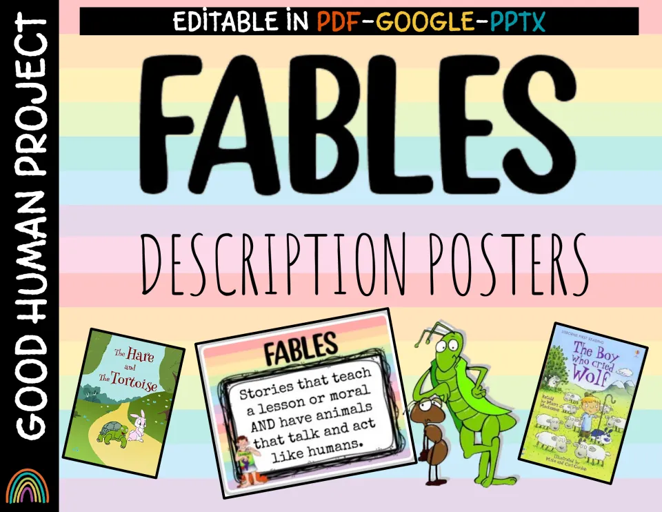 Fables description posters cover, editable in PDF, Google and PPTX, showing a sample poster and fable book covers