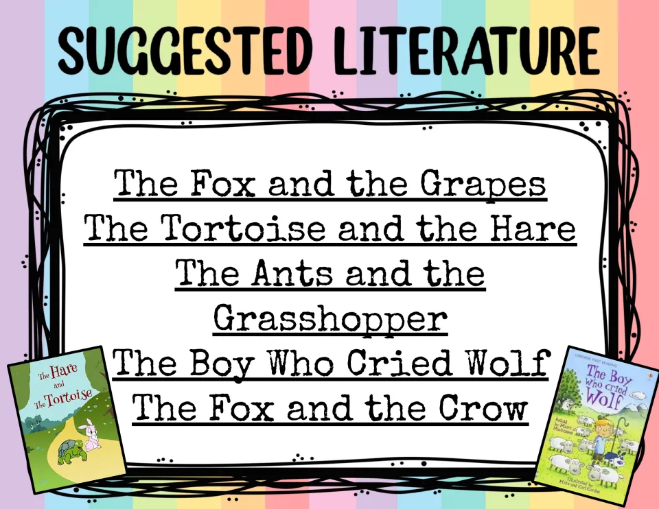 Suggested literature poster listing The Fox and the Grapes, The Tortoise and the Hare, The Boy Who Cried Wolf and more