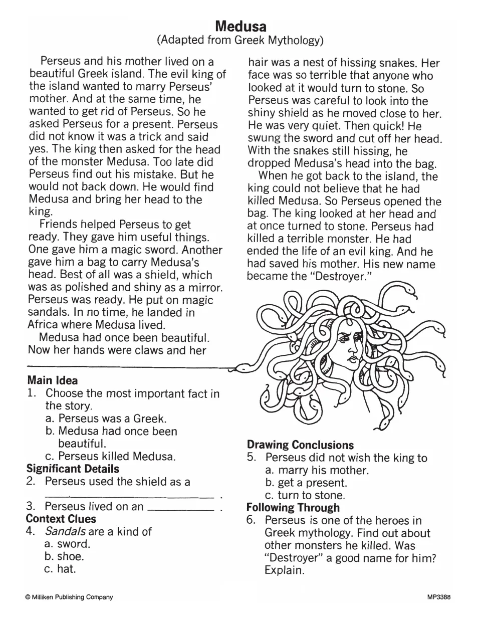 Medusa Greek myth reading: students answer main idea, detail, context clue and conclusion questions about Perseus