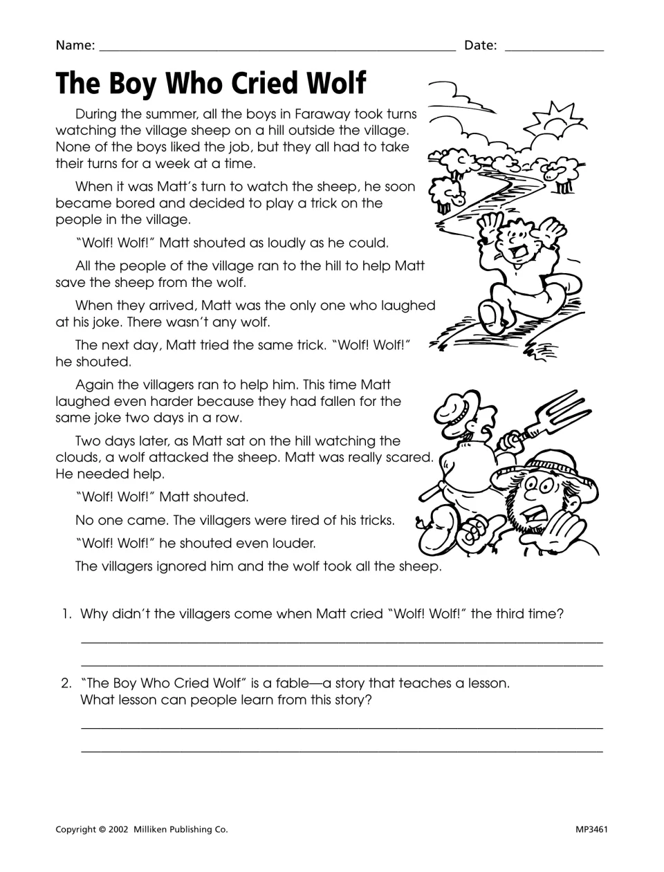 The Boy Who Cried Wolf fable: students read about Matt's trick and explain why villagers ignored him and the lesson