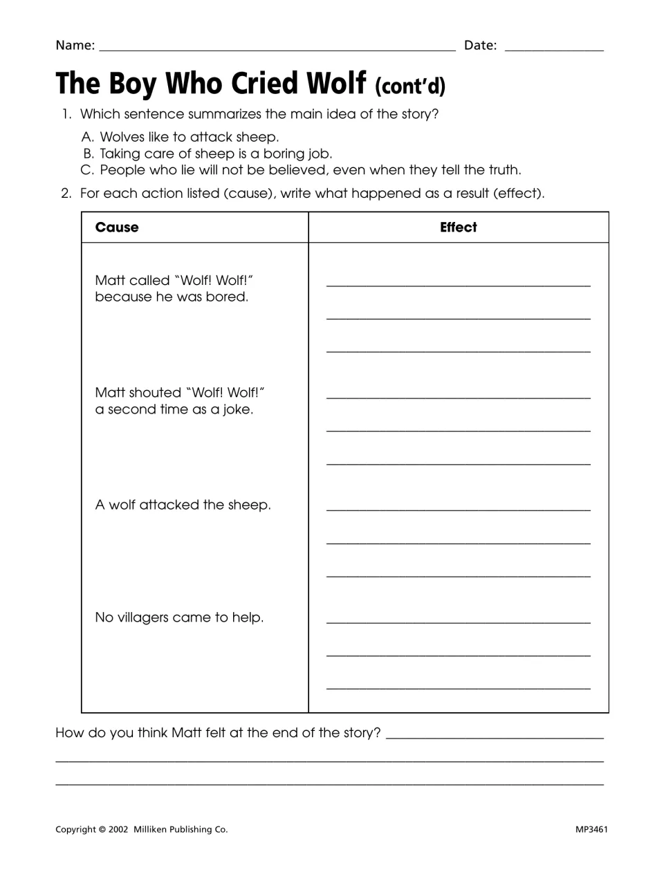The Boy Who Cried Wolf follow-up: students pick the main idea sentence and write effects for four causes in the story