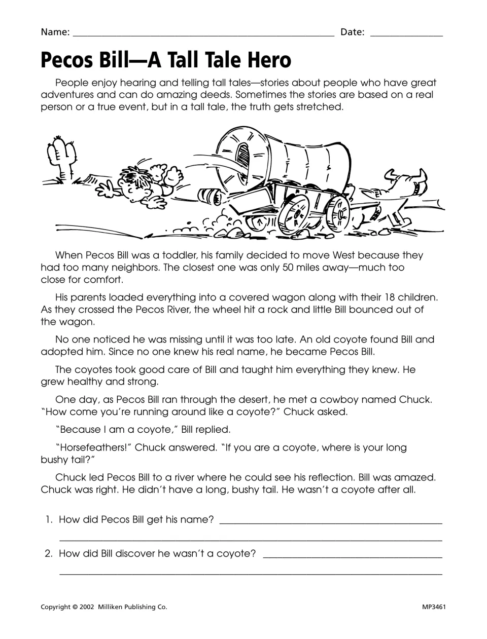 Pecos Bill tall tale reading: students learn how Bill was raised by coyotes and answer two short-response questions
