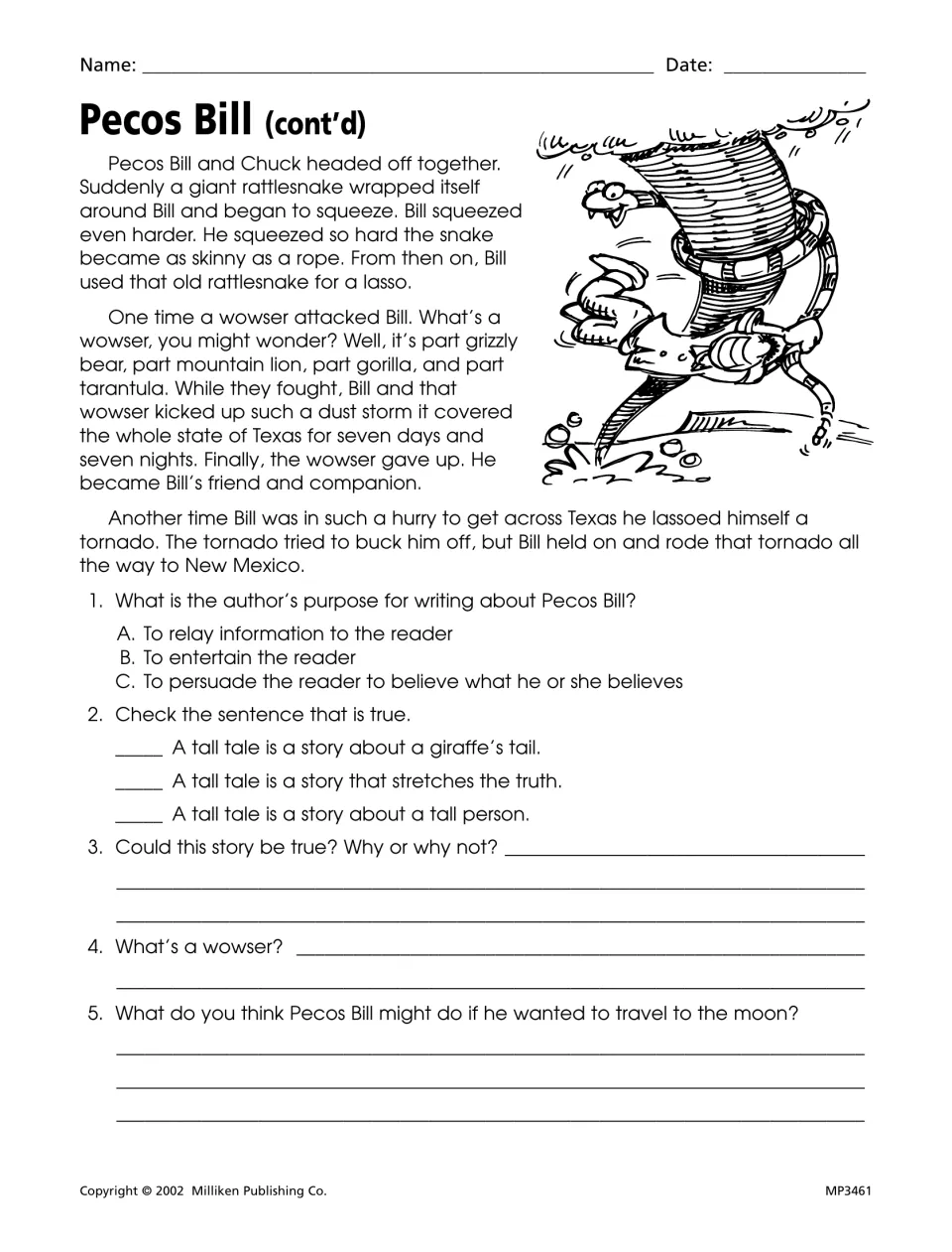 Pecos Bill continued: students identify the author's purpose, define a tall tale and explain what a wowser is