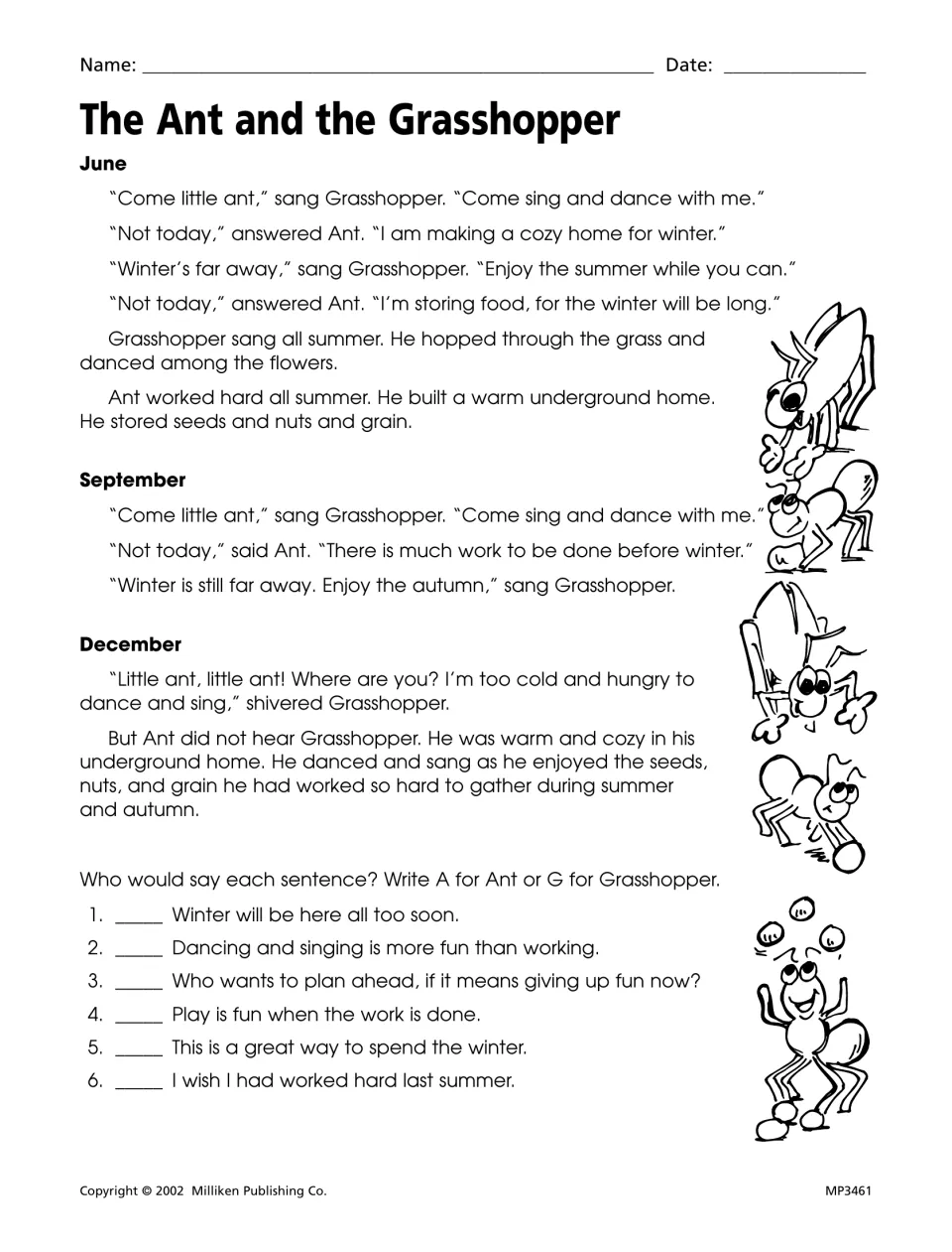 The Ant and the Grasshopper fable: students read the June-to-December story and mark six quotes as Ant or Grasshopper