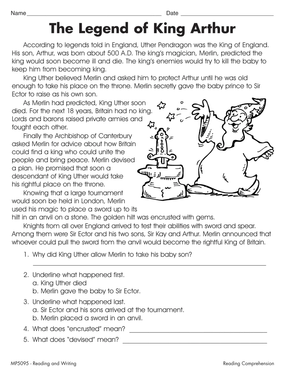 The Legend of King Arthur: students answer why Merlin took Arthur, sequence events and define encrusted and devised