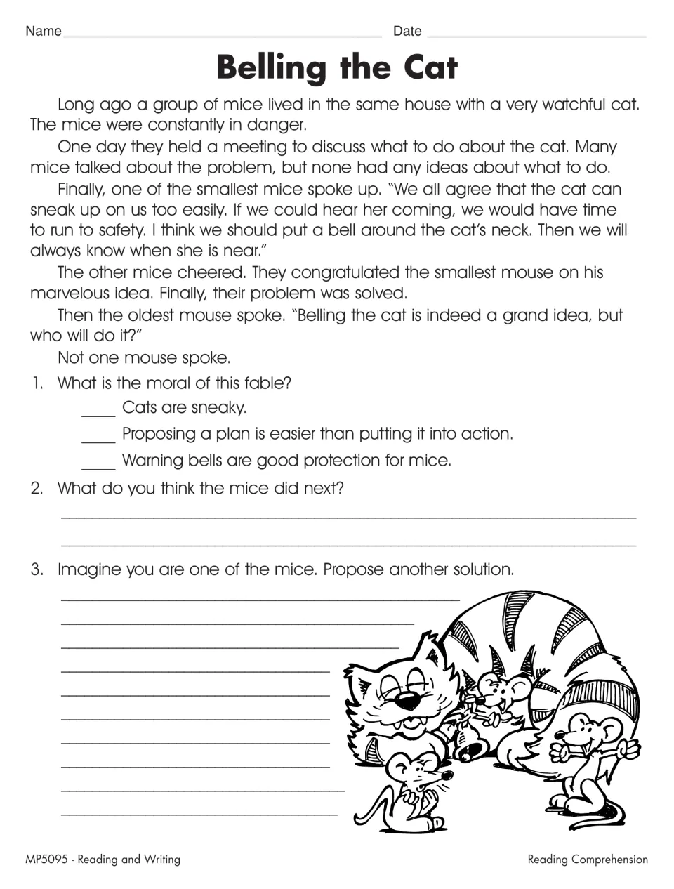 Belling the Cat fable: students choose the moral, predict what the mice did next and propose another solution