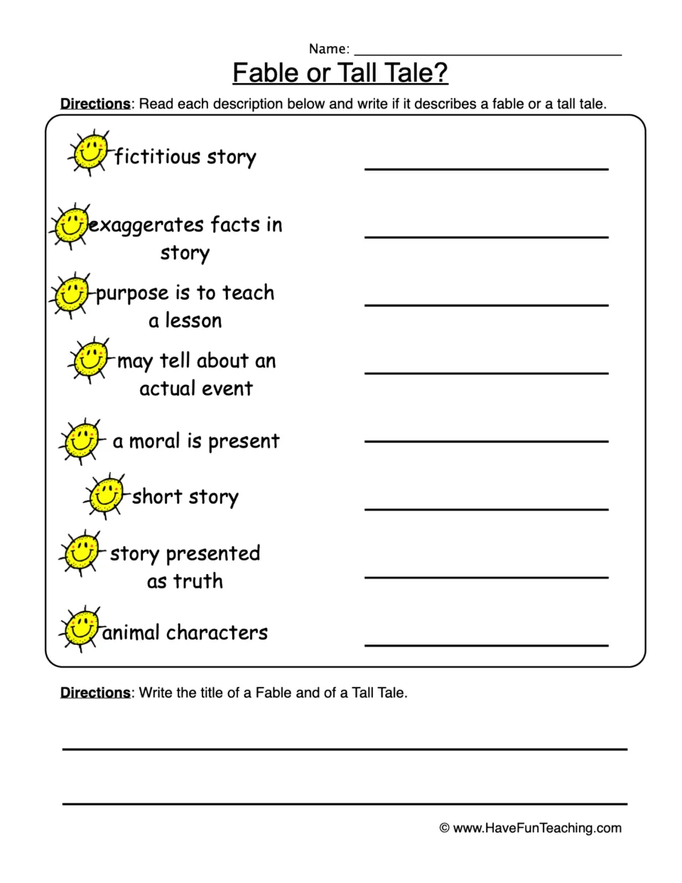Genre identification worksheet: classify eight traits of fables and tall tales, then write a title for each.