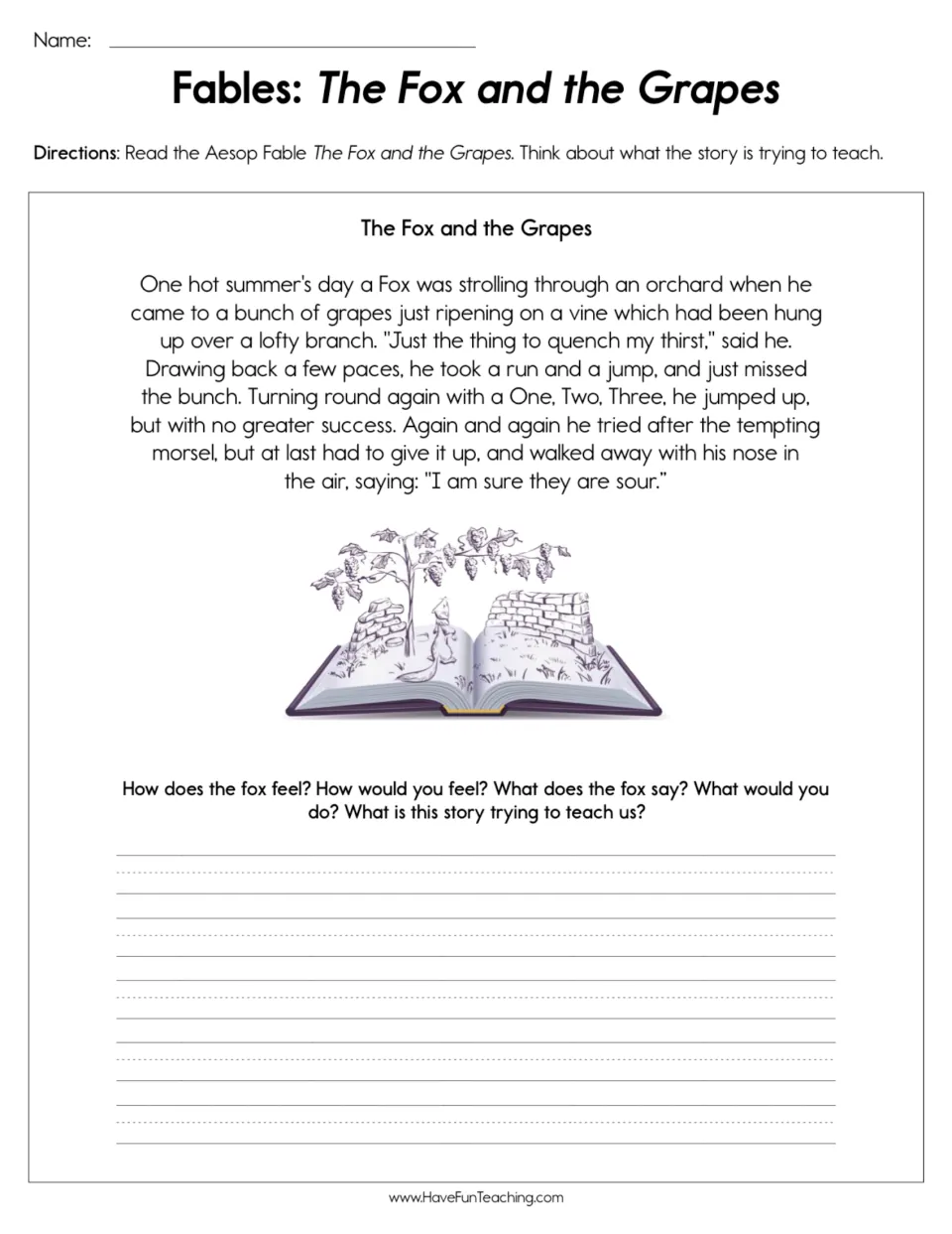 Fable reading worksheet: a fox cannot reach grapes and calls them sour, followed by questions about the moral.