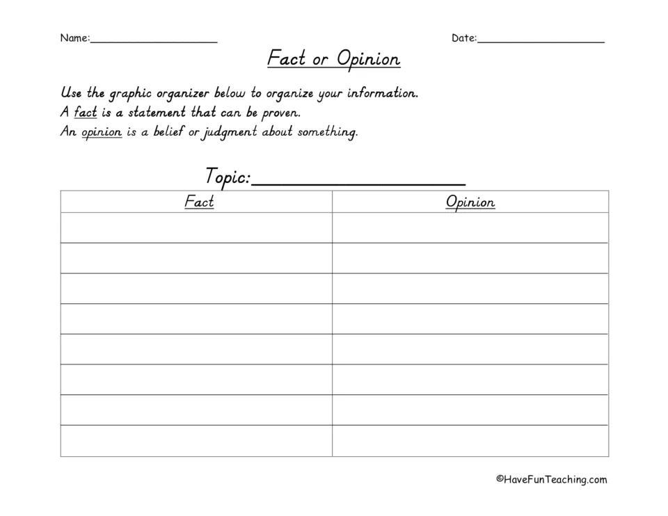 Fact and opinion graphic organizer: definitions of fact and opinion and space to sort statements by topic.