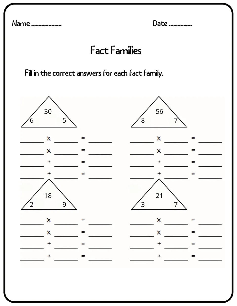 Fact families: students complete four equations each for triangles 6, 5, 30; 8, 7, 56; 2, 9, 18 and 3, 7, 21