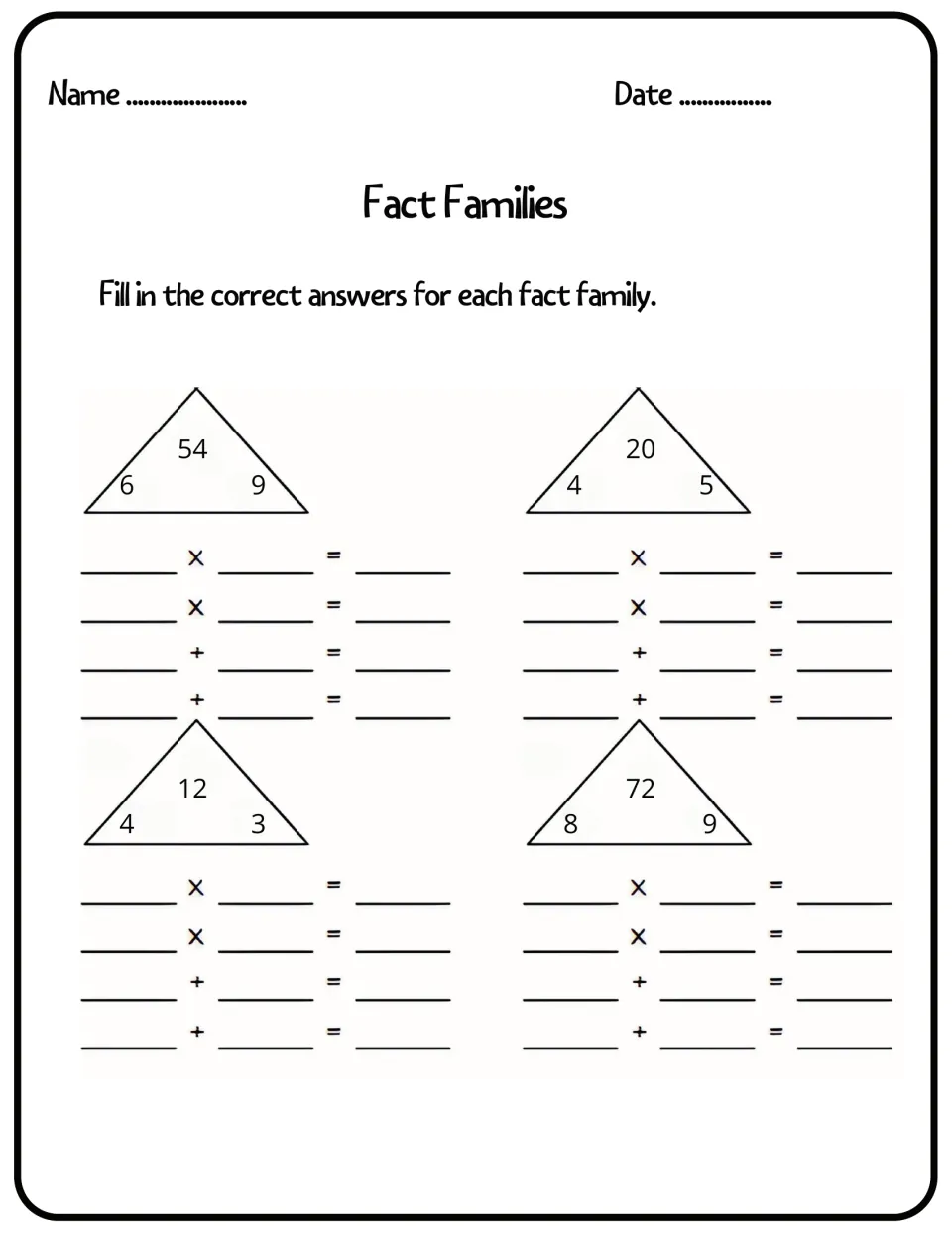 Related facts: students use triangles 6, 9, 54; 4, 5, 20; 4, 3, 12 and 8, 9, 72 to write each fact family