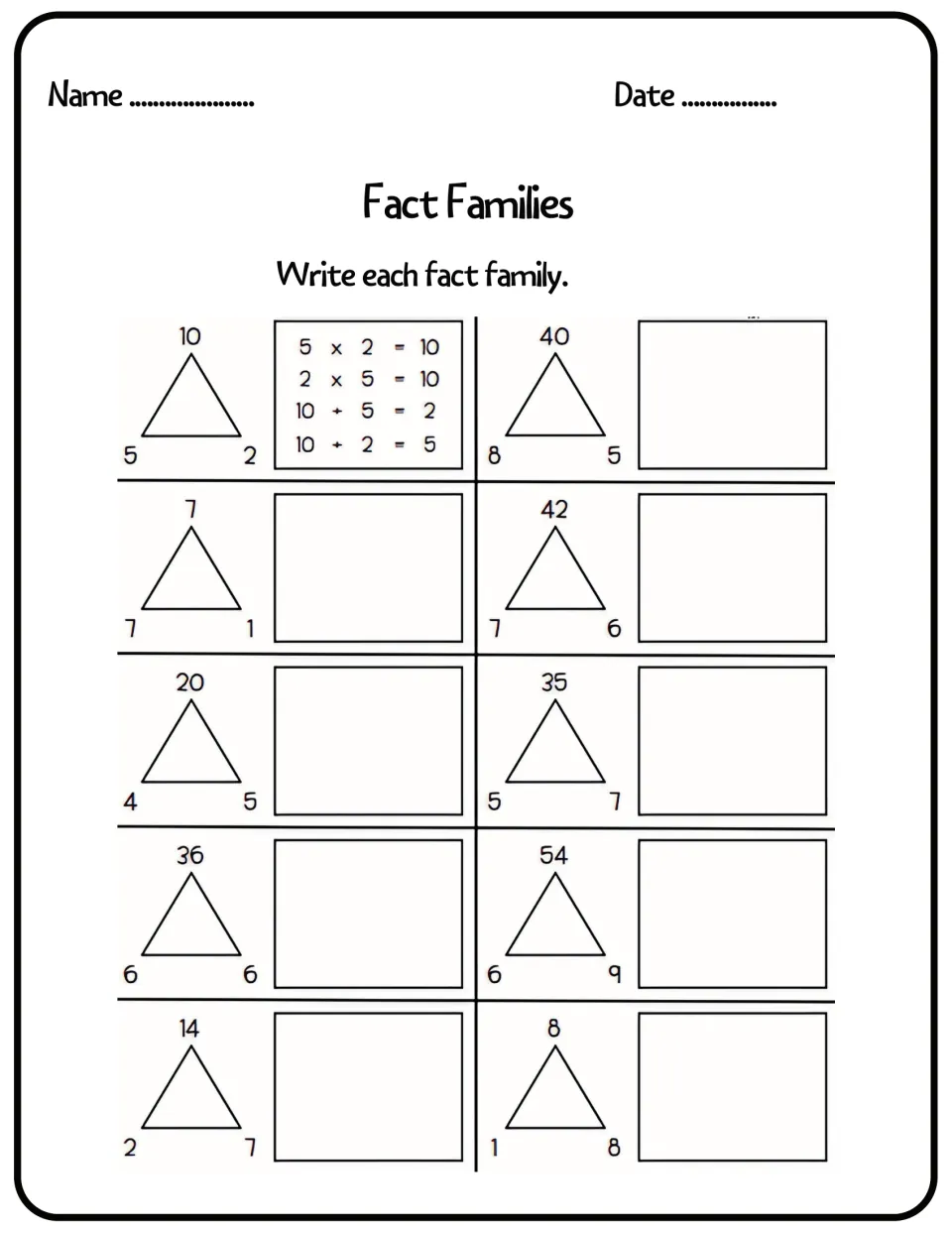 Write each fact family: following a worked 5, 2, 10 example, students write four facts for nine triangles like 8, 5, 40