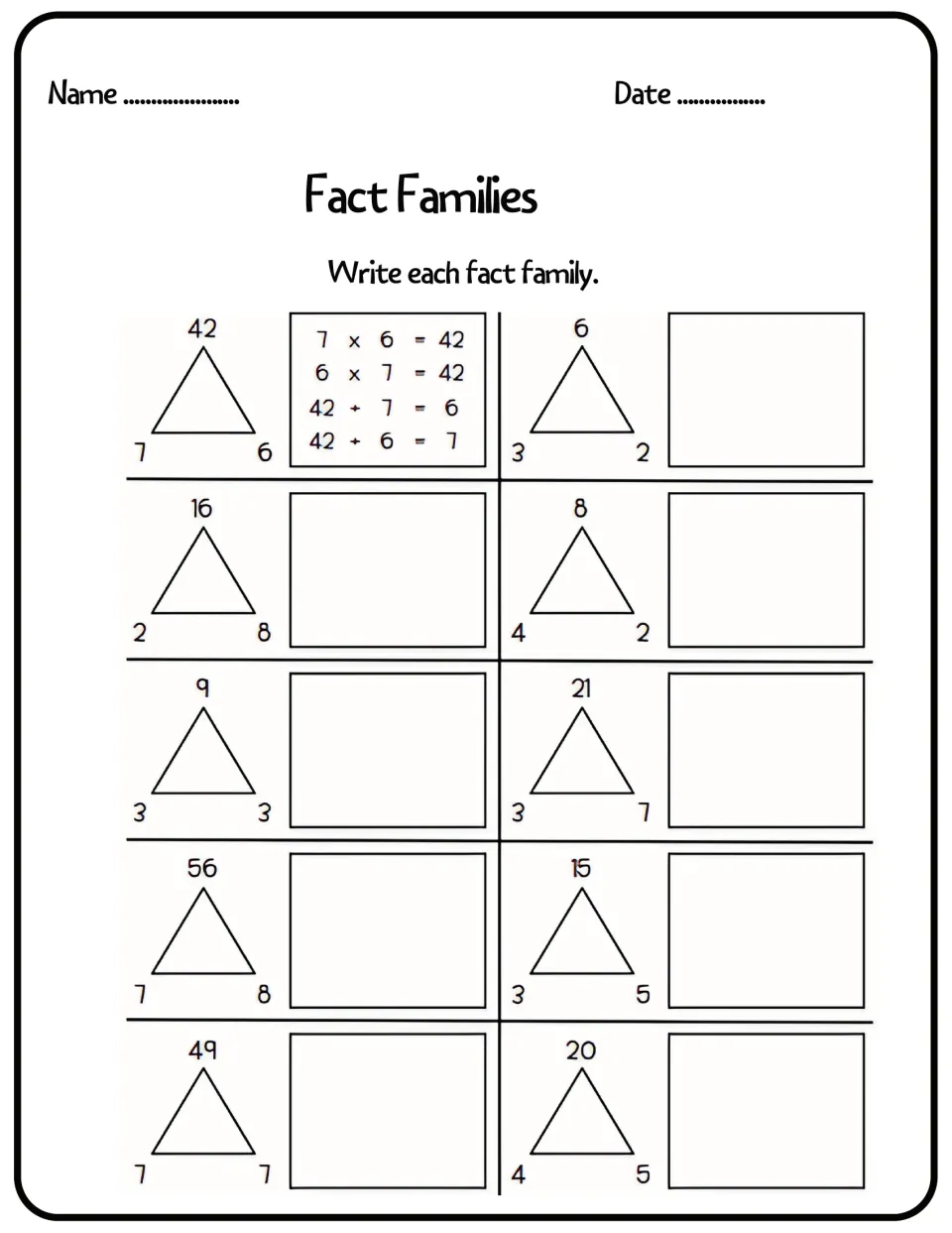 Fact families: modeled on 7 x 6 = 42, students write four facts for nine triangles including 3, 2, 6 and 7, 8, 56