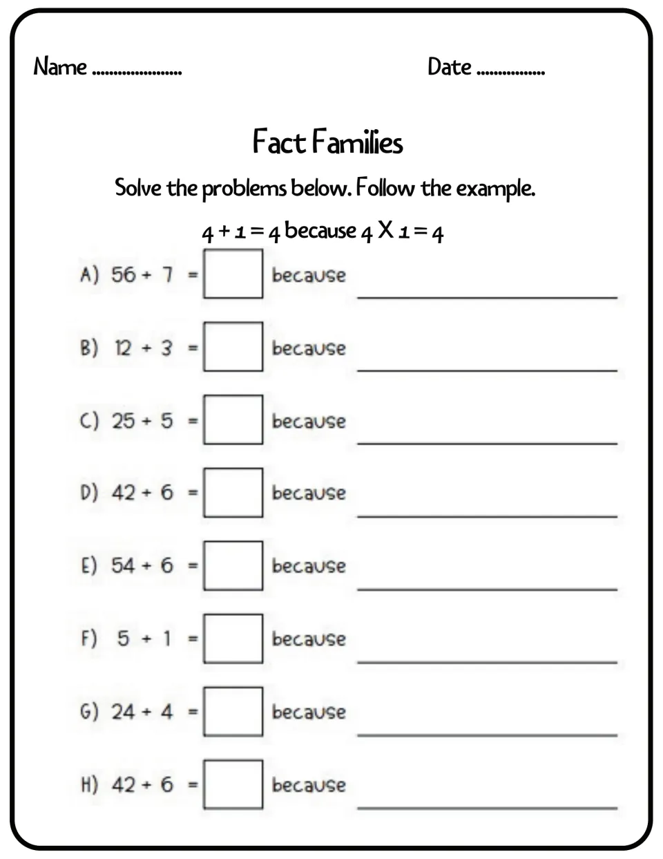 Division explained with multiplication: students solve 8 problems such as 56 ÷ 7 and write the matching times fact
