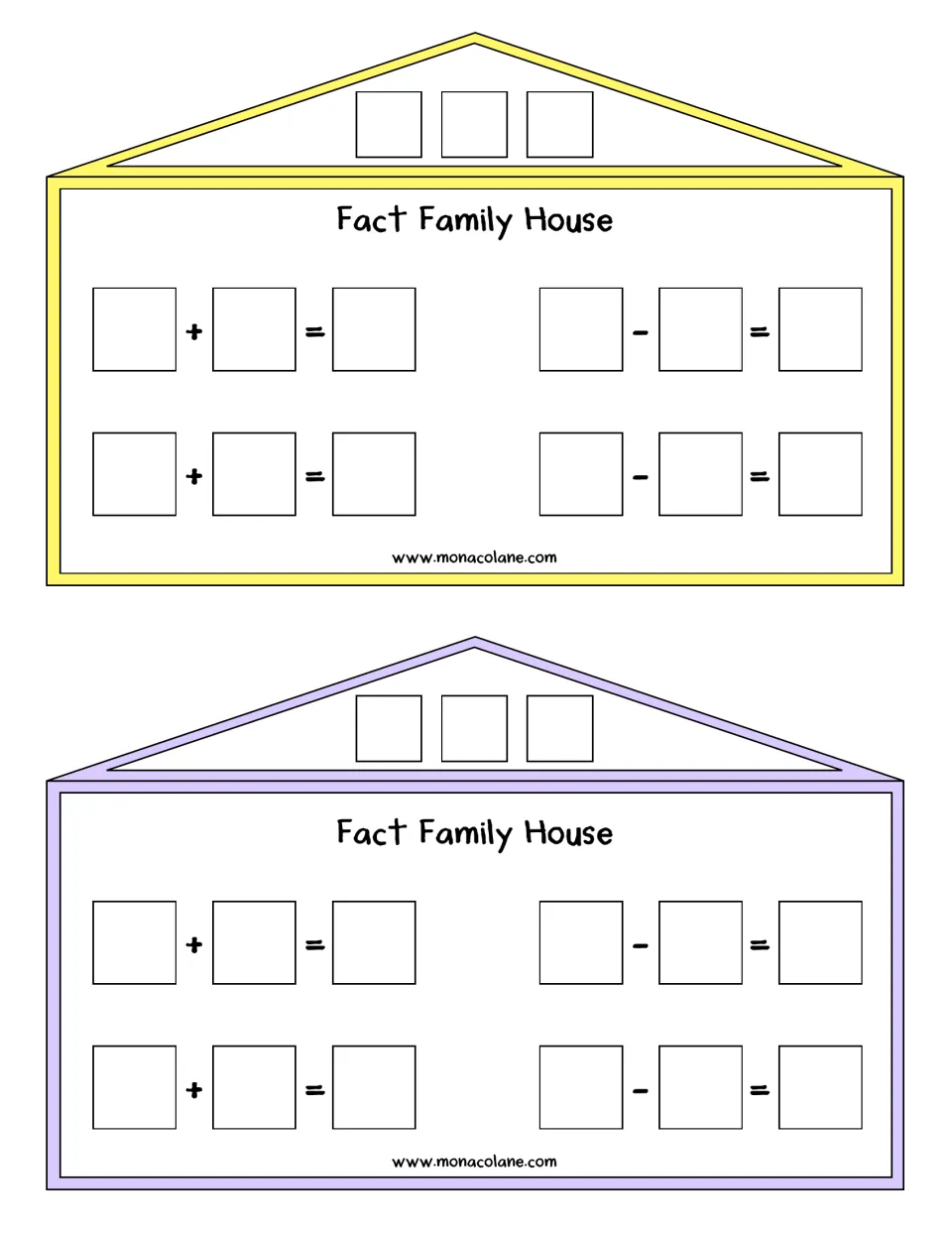 Addition and subtraction fact families: students put 3 numbers in each roof, then write 2 addition and 2 subtraction facts
