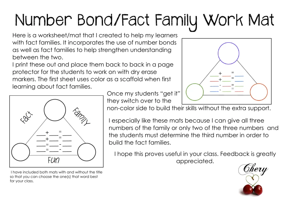 Number Bond/Fact Family Work Mat intro: teacher notes on dry-erase use, color and non-color mats, with two mat previews