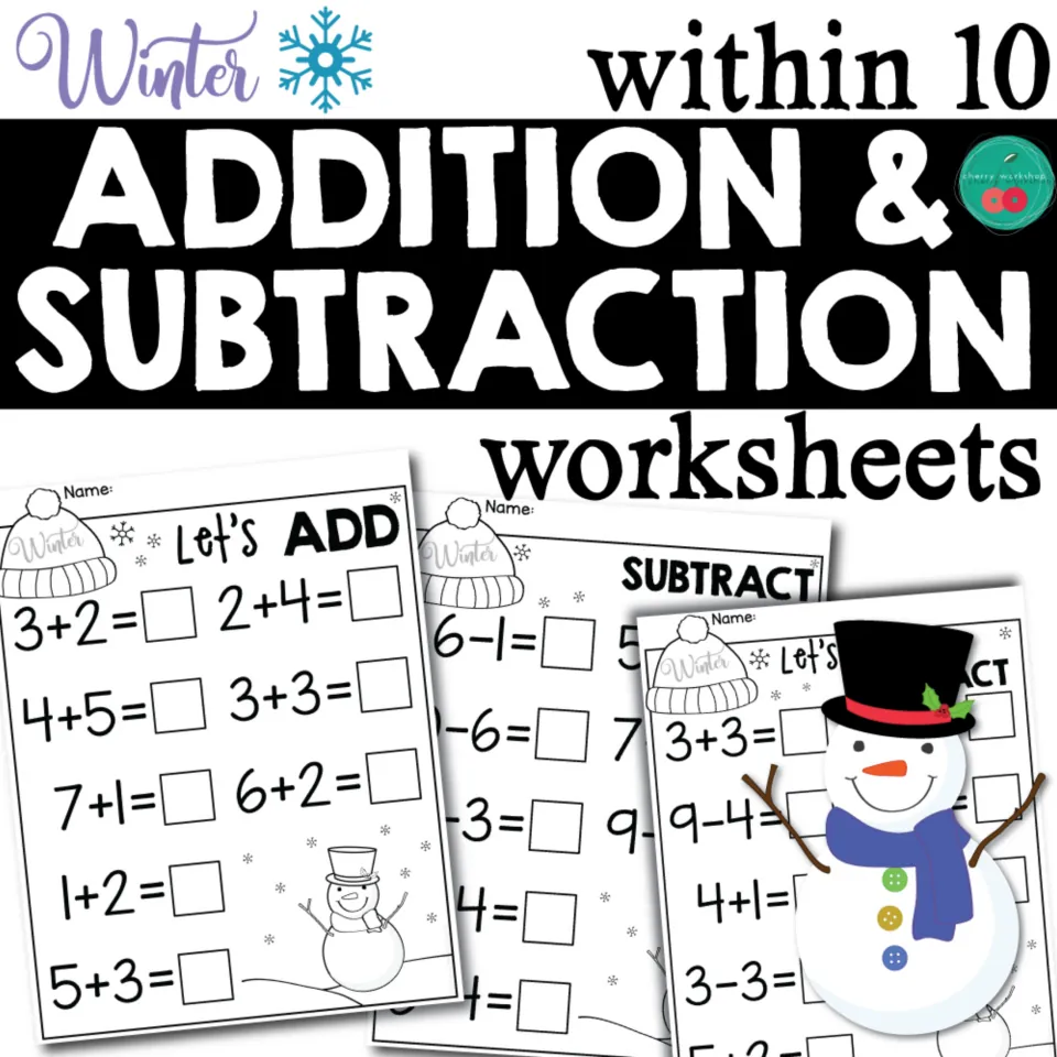 Cover: Winter addition & subtraction within 10 worksheets, showing Let's ADD and SUBTRACT pages with a knit hat and snowman