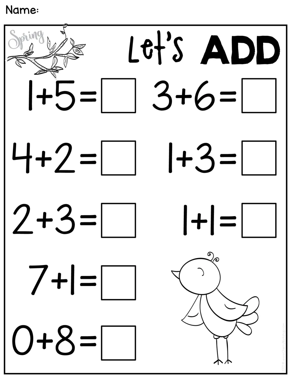 Spring Let's ADD page: students write sums for 10 addition facts within 10, such as 1+5, 3+6 and 0+8, beside a bird drawing