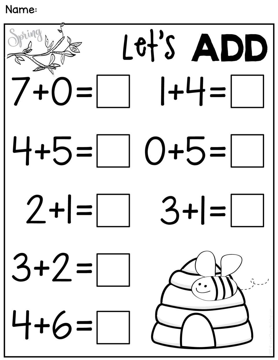 Spring Let's ADD page: students solve 10 addition facts within 10, including 7+0, 0+5 and 4+6, next to a beehive picture