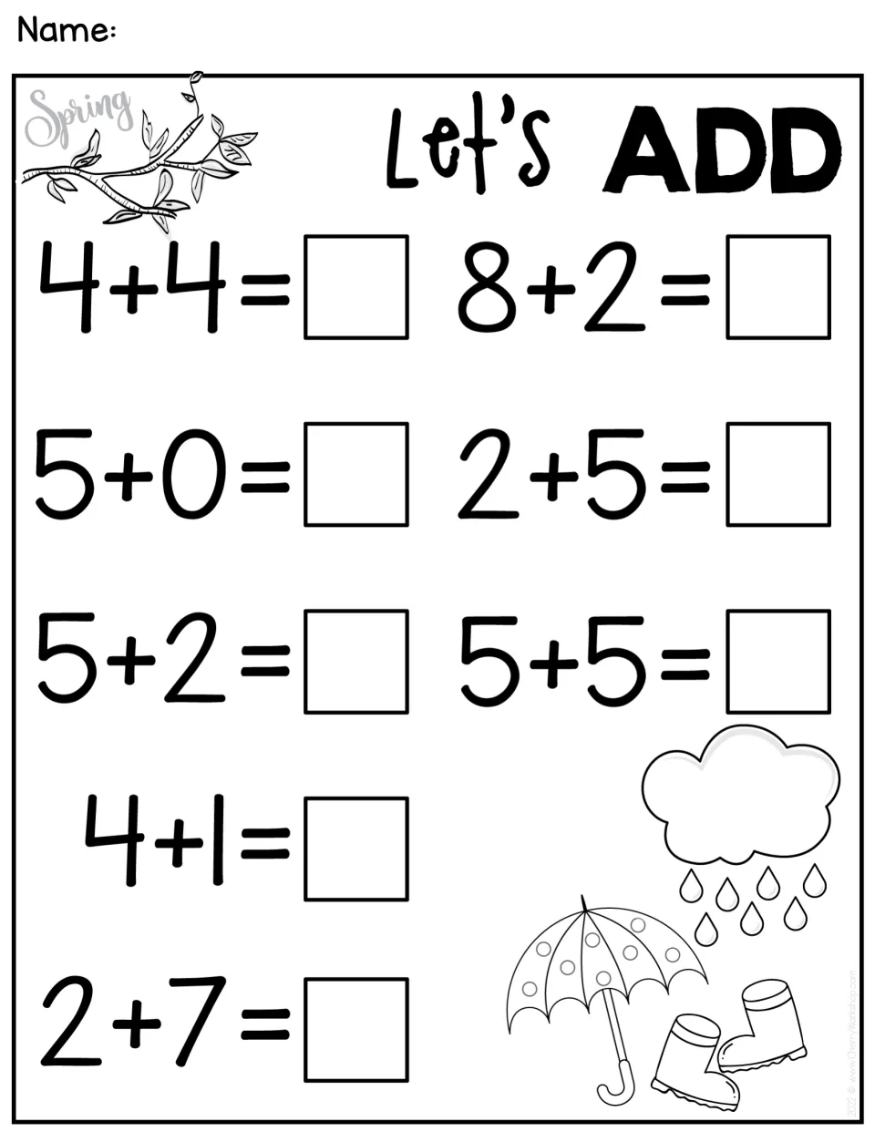 Spring Let's ADD page: students write answers to 10 facts such as 4+4, 8+2, 5+5 and 2+7, with an umbrella and rain boots