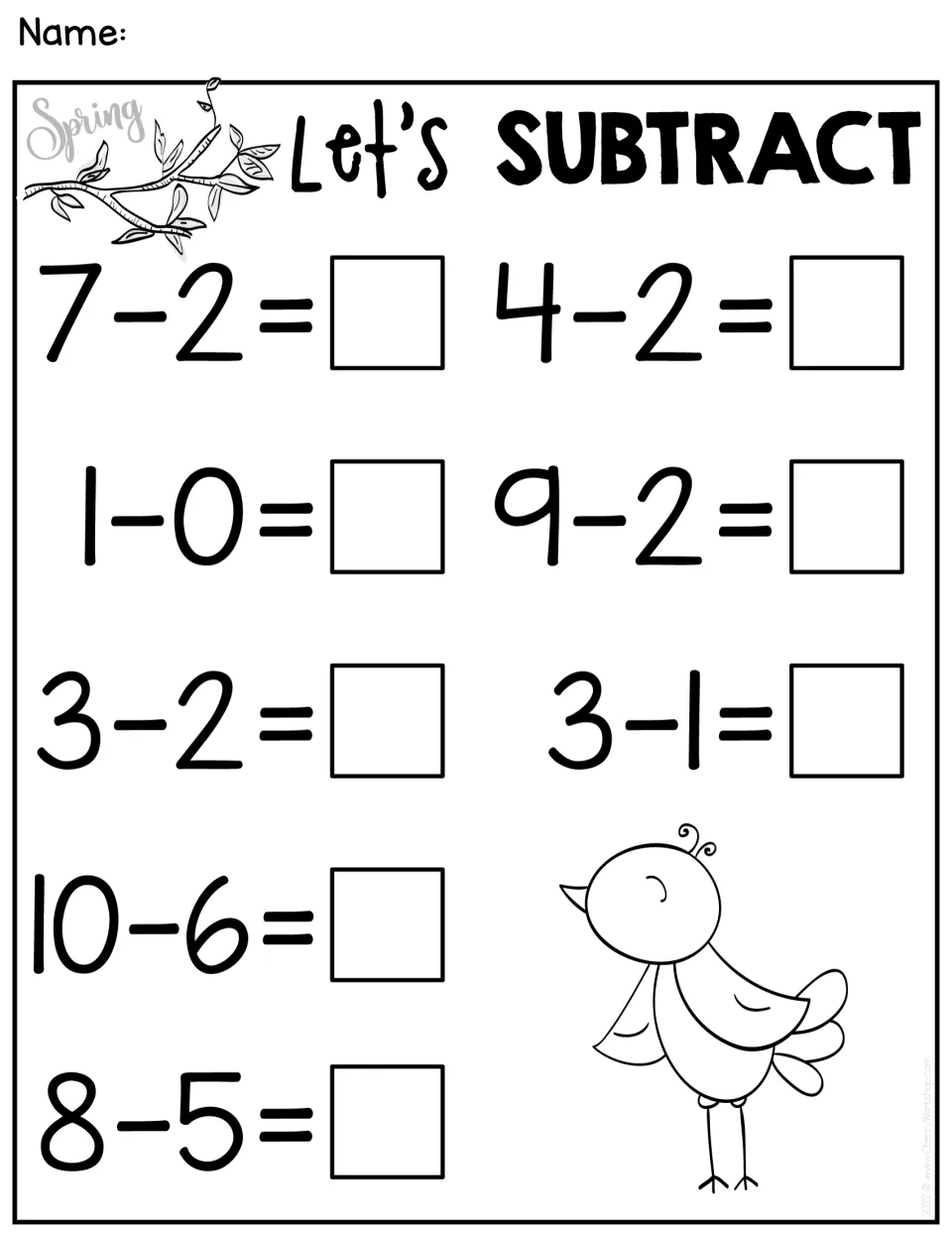 Spring Let's SUBTRACT page: students find differences for 10 facts within 10, like 7-2, 1-0 and 10-6, beside a bird