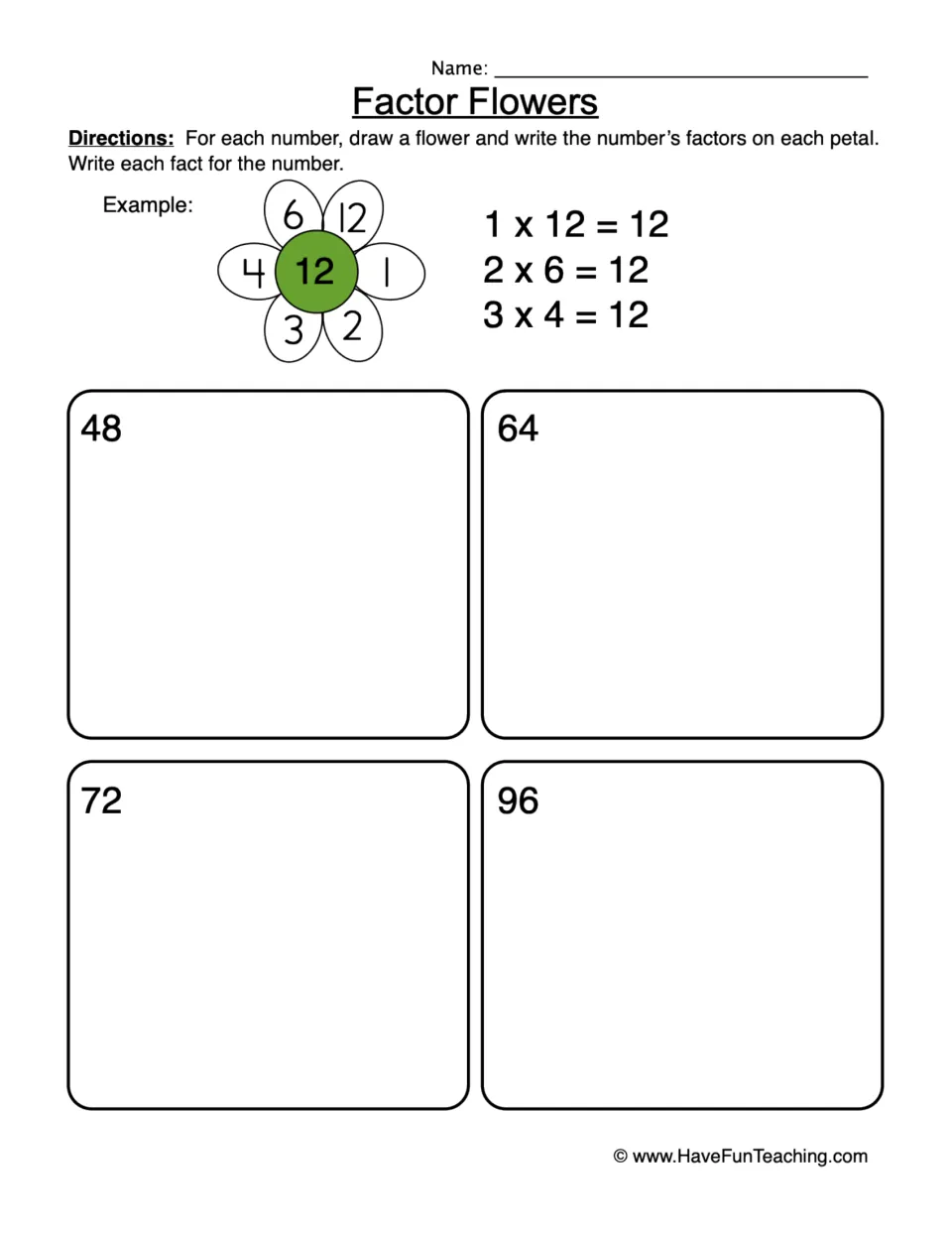 Finding factors: students draw a flower for 48, 64, 72 and 96, write each factor on a petal and list the multiplication facts