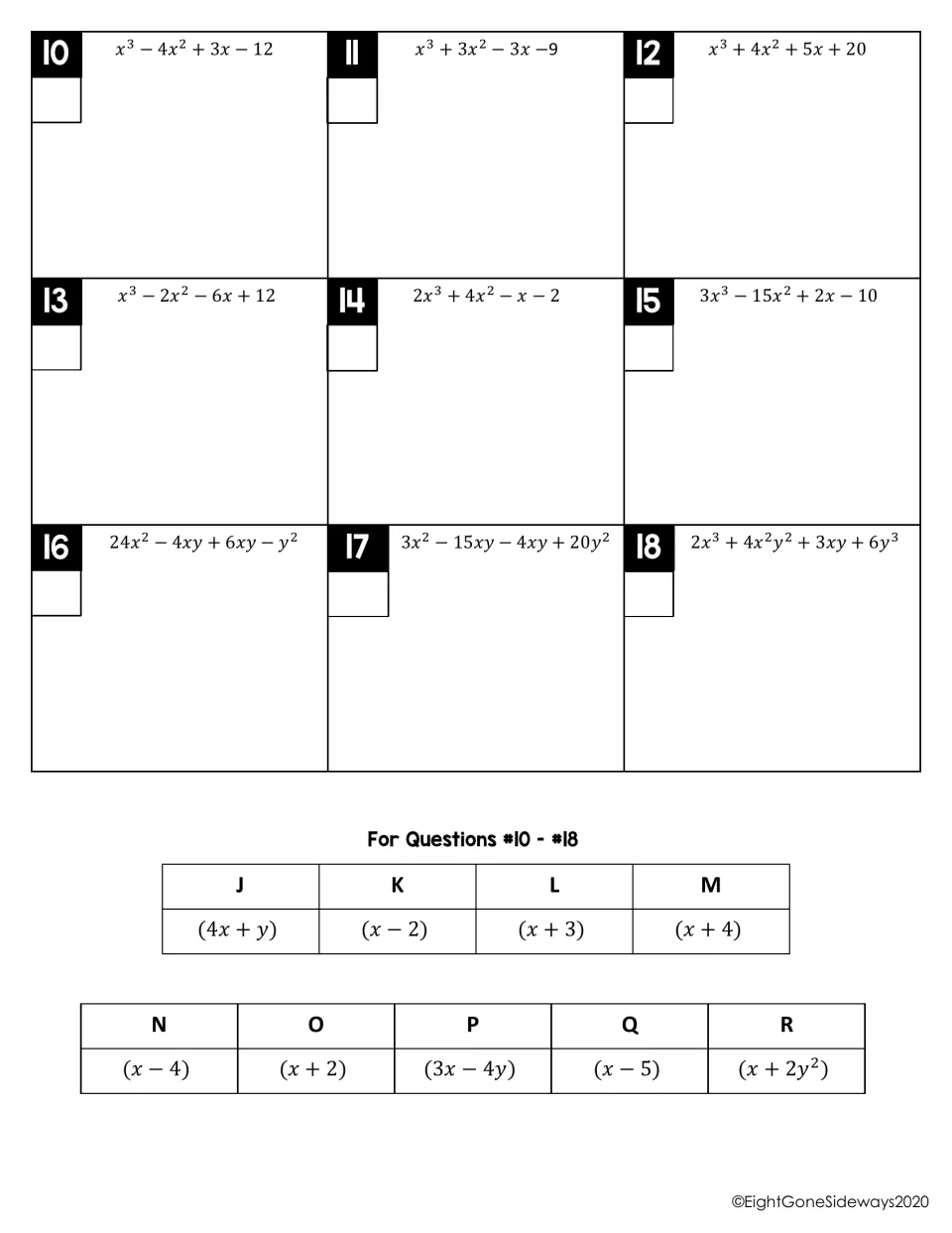 Factoring by grouping, problems 10-18: students factor cubic and two-variable polynomials, then match to letters J-R