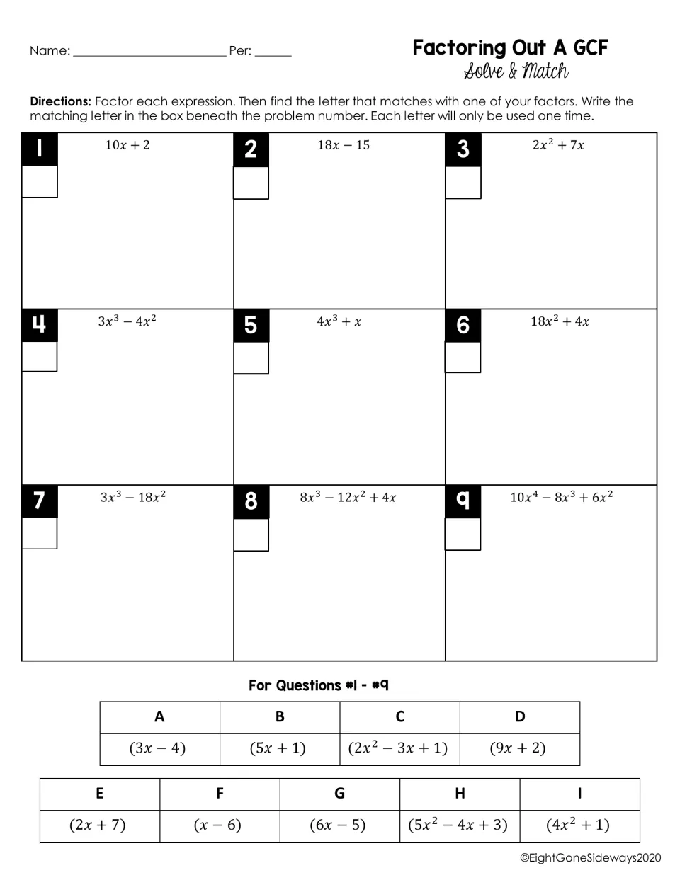 Factoring out a GCF: students factor 9 expressions in x, such as 10x + 2, and match one factor to letters A through I